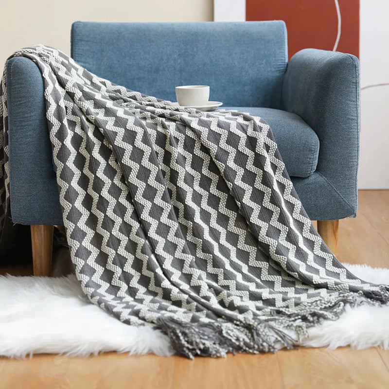 Manta para Sofá Decorativa Geométrica Com Franjas