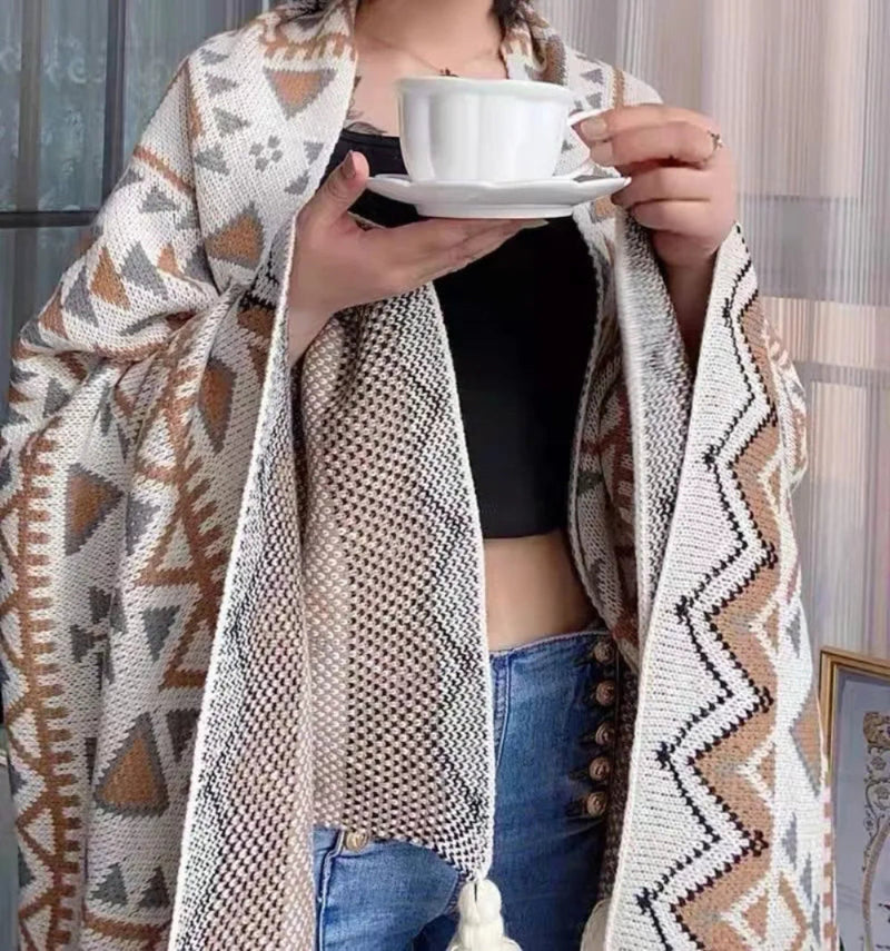 Manta para Sofá Xadrez Boho com Franjas Vintage